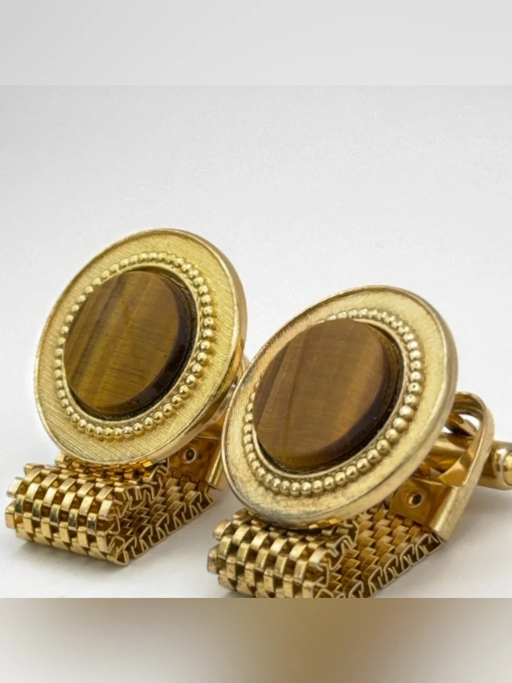 Vintage Gold Tone Men's Wrap Around Cufflinks with Brown Tiger's Eye Center